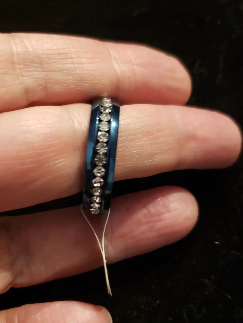 NEW-Size 13 Unisex Deep Teal Blue Polished Metal W/Channel-set Diamondy Stones.